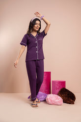 PV Plain With Contrast Piping Pajama Suit -PJS003