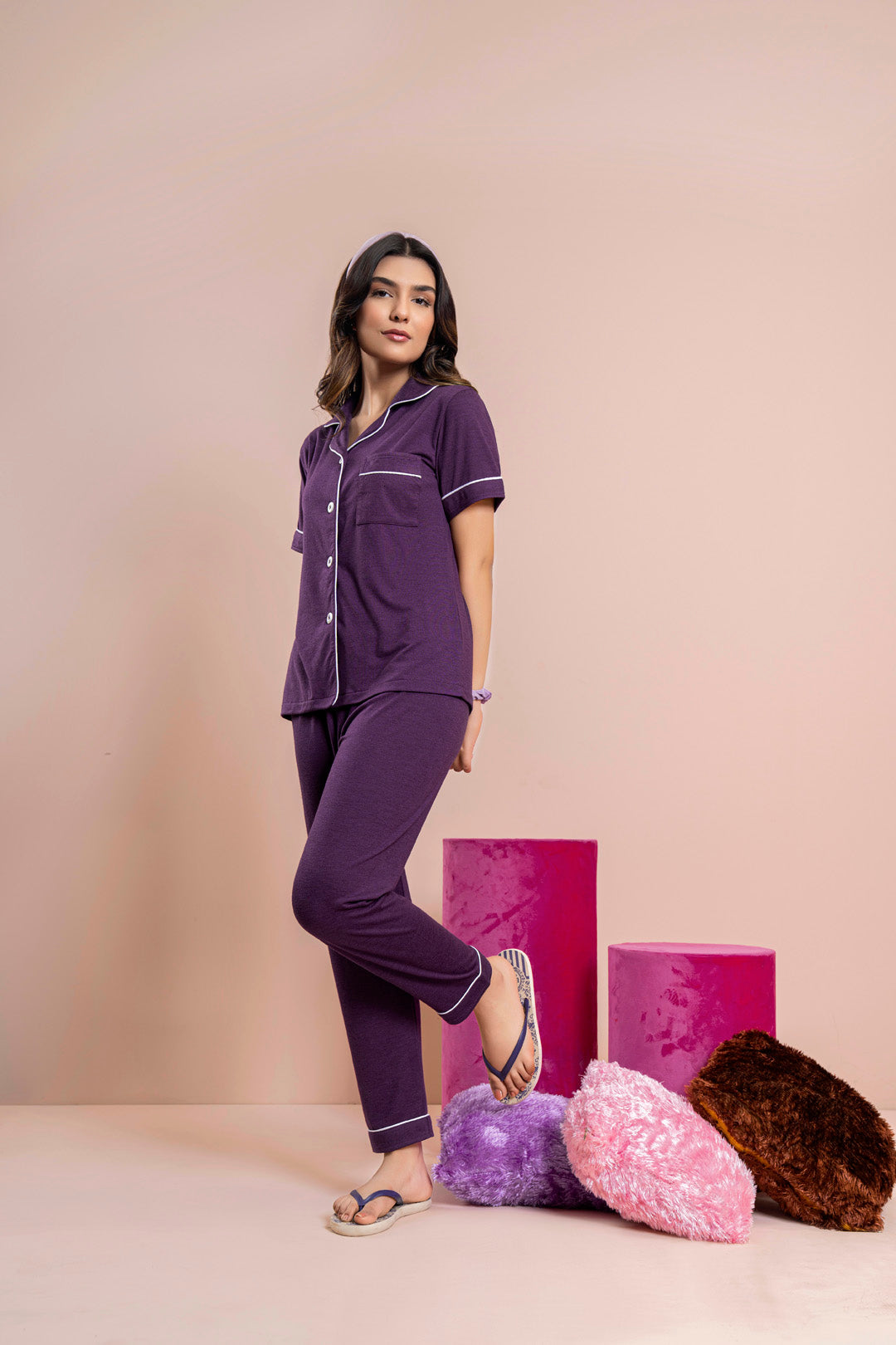 Pv Plain With Contrast Piping Pajama Suit -Pjs 003