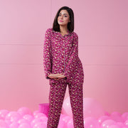 Red Printed Woven Full Sleeve Night Suit
