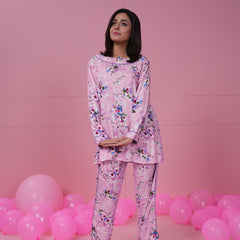 Baby Pink Printed Woven Full Sleeve Night Suit