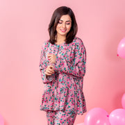 Peach Printed Woven Full Sleeve Night Suit
