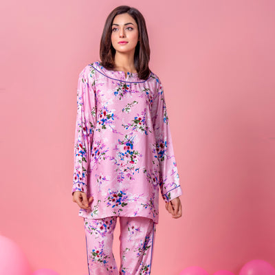 Baby Pink Printed Woven Full Sleeve Night Suit